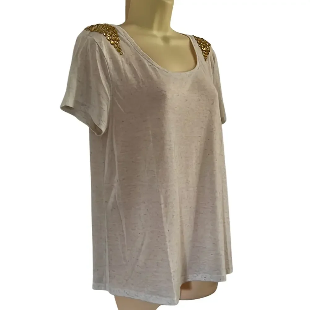 H&M Beige Oatmeal Fleck Knit Top wi Jewel Embellishments Woman Size Medium Y2K - Picture 2 of 9
